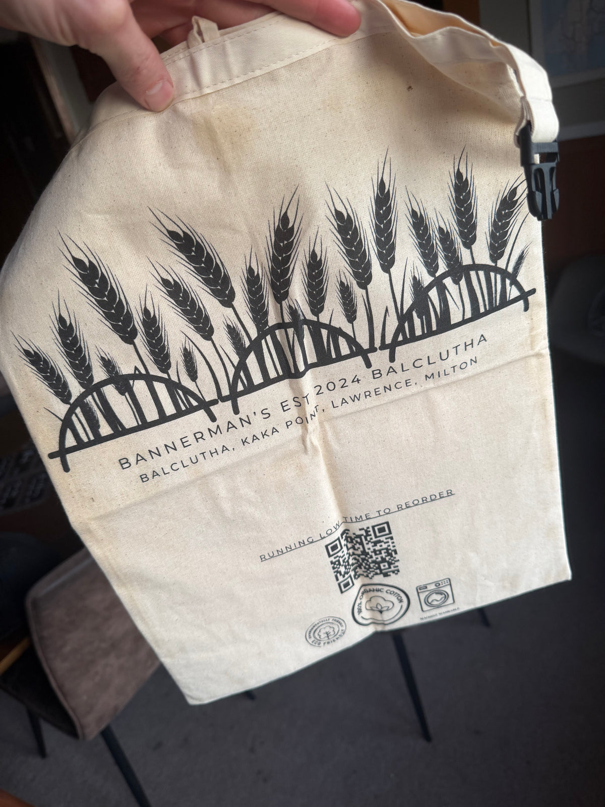 Back of Bannerman's reusable beeswax bread bag showing printed design and QR code