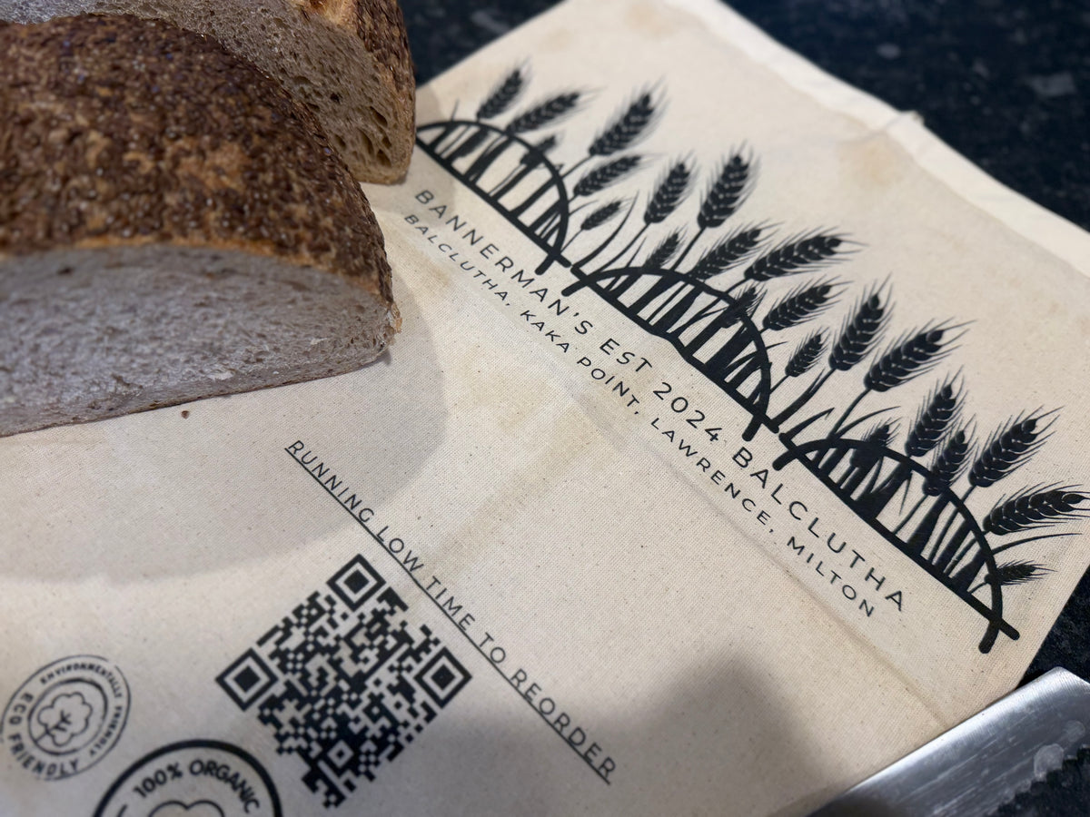 Bannerman's reusable beeswax bread bag with fresh sourdough bread