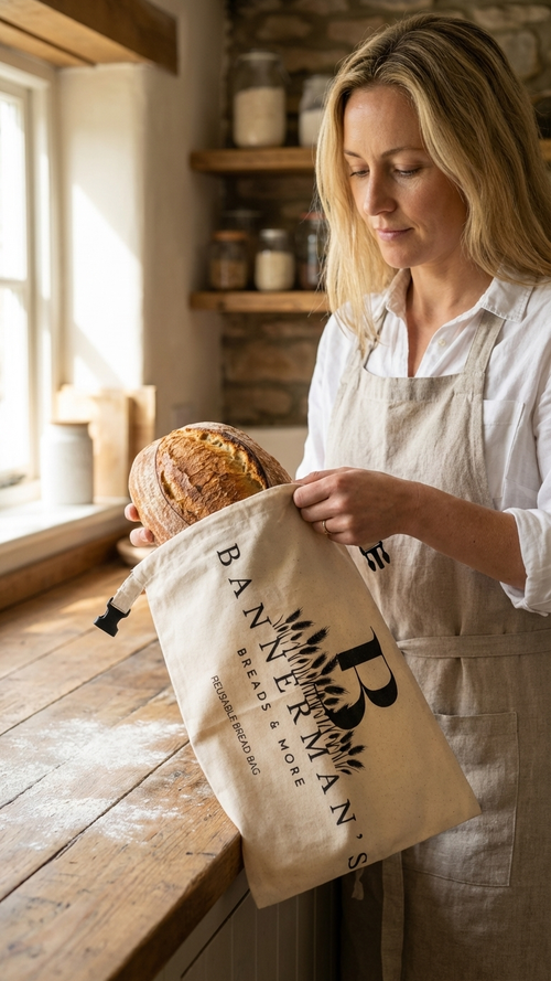 Woman storing a sourdough loaf in a reusable beeswax bread bag